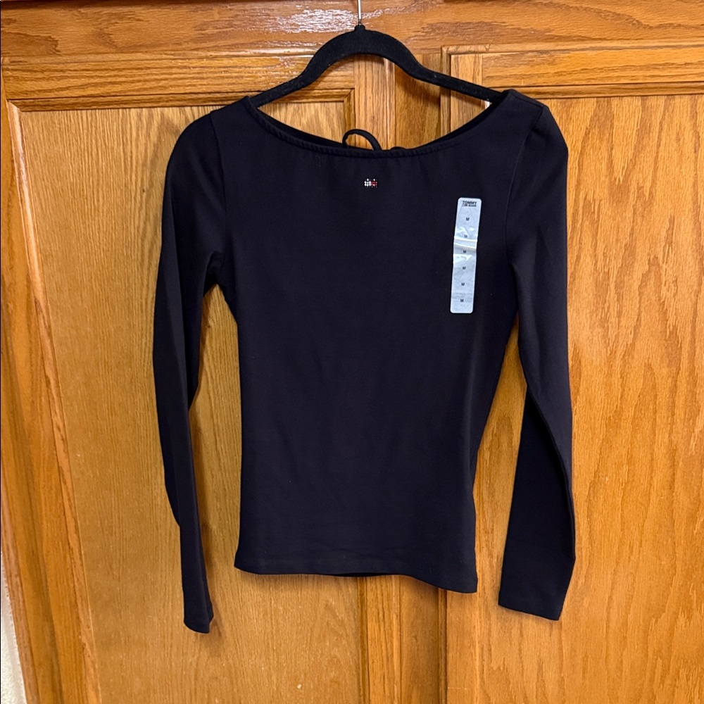 Tommy Hilfiger Black Long Sleeve Scoop Neck Top with Subtle Logo